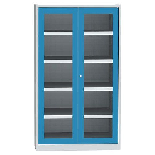 Skříň se skleněnými dveřmi na uskladnění chemikálií, 1950 x 1200 x 500 mm, šedá/modrá