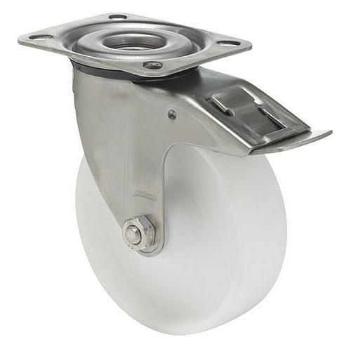 Polyamidové transportní kolo s přírubou, průměr 200 mm, otočné s brzdou, kluzné ložisko