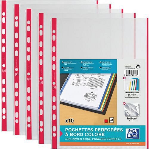 Zakládací obaly s barevným pruhem Oxford A4, červené, 10 ks