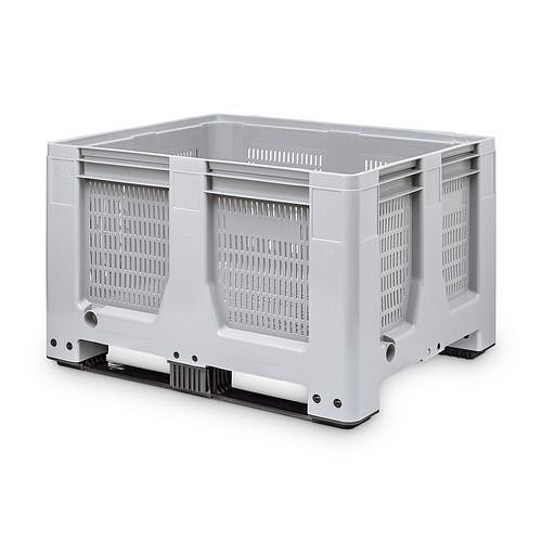 Paletový kontejner MaxiLog s perforovanými stěnami, 2 ližiny, 610 l, šedý