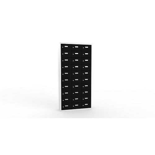 Svařovaná skříň na osobní věci Ron I, 30 boxů, cylindrický zámek, šedá/černá