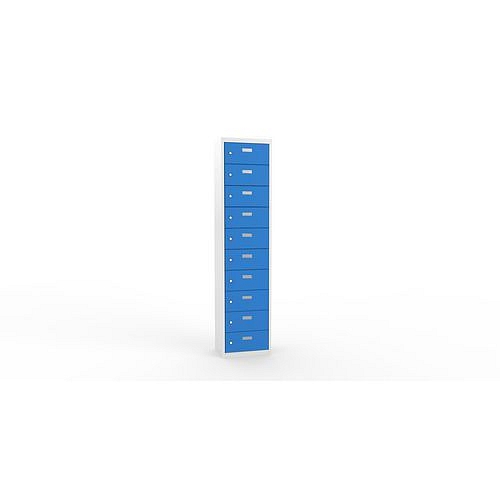 Svařovaná skříň na osobní věci Ron II, 10 boxů, cylindrický zámek, šedá/světle modrá