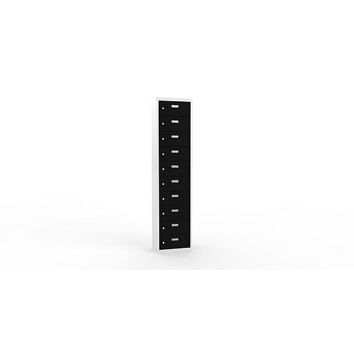 Svařovaná skříň na osobní věci Ron II, 10 boxů, cylindrický zámek, šedá/černá