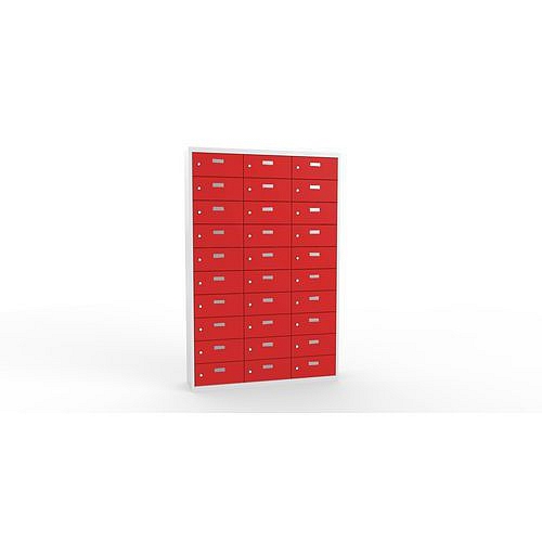 Svařovaná skříň na osobní věci Ron II, 30 boxů, cylindrický zámek, šedá/červená