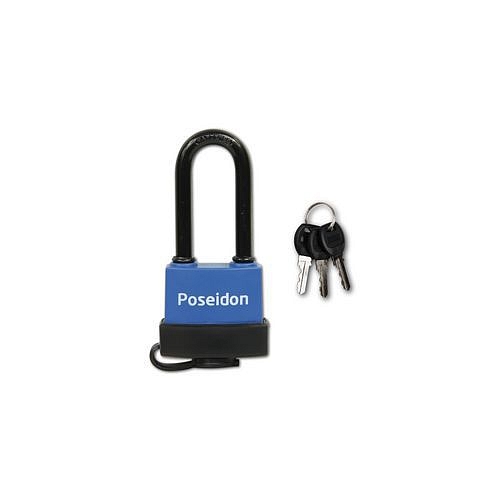 Ocelový visací voděodolný zámek s plastovým krytem s prodloženým třmenem, průměr třmene 7 mm, výška 52 mm,