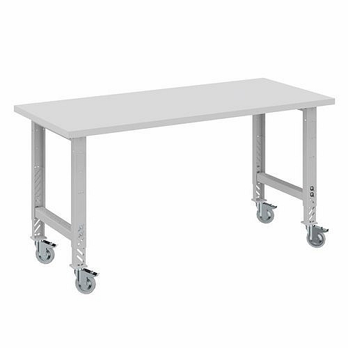 Pojízdný výškově nastavitelný dílenský stůl, do 300 kg, laminát, 200 x 75 x 85,5 - 115,5 cm - Manutan Expert