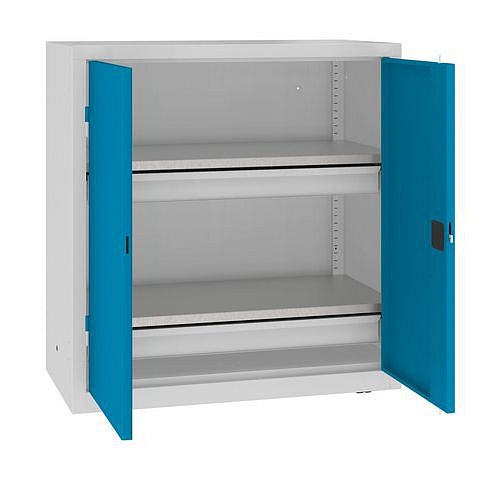 Kovová dílenská skříň, 104 x 100 x 50 cm, 2 zásuvky, šedá/sv. modrá