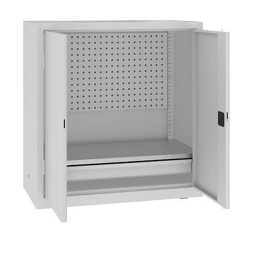 Kovová dílenská skříň s perfopanelem, 104 x 100 x 50 cm, 1 zásuvka, šedá/šedá