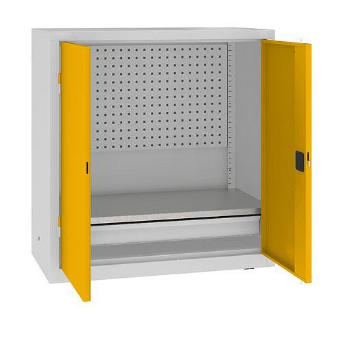 Kovová dílenská skříň s perfopanelem, 104 x 100 x 50 cm, 1 zásuvka, šedá/žlutá