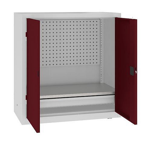 Kovová dílenská skříň s perfopanelem, 104 x 100 x 50 cm, 1 zásuvka, šedá/tm. červená