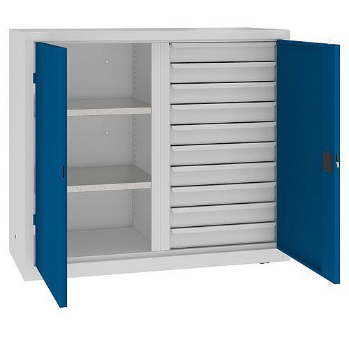 Kovová dílenská skříň na nářadí se zásuvkami, 104 x 120 x 50 cm, 10 zásuvek, šedá/tm. modrá