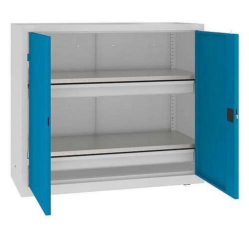 Kovová dílenská skříň, 104 x 120 x 50 cm, 2 zásuvky, šedá/sv. modrá
