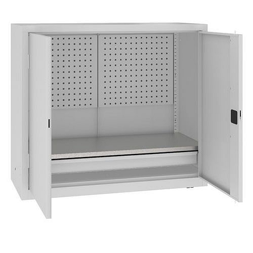 Kovová dílenská skříň s perfopanelem, 104 x 120 x 50 cm, 1 zásuvka, šedá/šedá