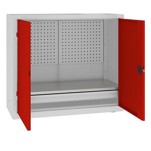 Kovová dílenská skříň s perfopanelem, 104 x 120 x 50 cm, 1 zásuvka, šedá/červená
