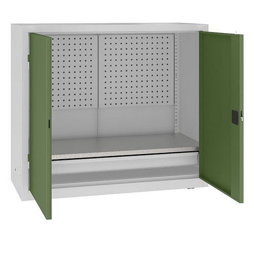 Kovová dílenská skříň s perfopanelem, 104 x 120 x 50 cm, 1 zásuvka, šedá/zelená