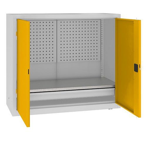 Kovová dílenská skříň s perfopanelem, 104 x 120 x 50 cm, 1 zásuvka, šedá/žlutá