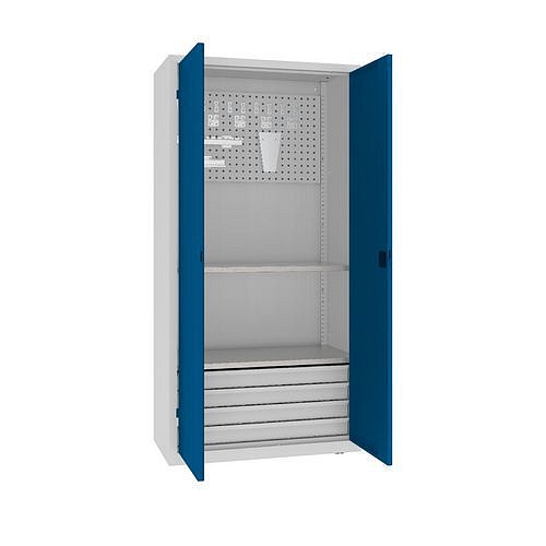 Kovová dílenská skříň s perfopanelem, 199 x 100 x 50 cm, 4 zásuvky, šedá/tm. modrá