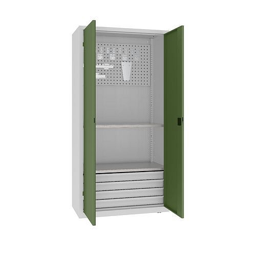 Kovová dílenská skříň s perfopanelem, 199 x 100 x 50 cm, 4 zásuvky, šedá/zelená
