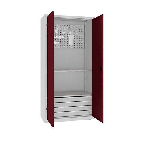 Kovová dílenská skříň s perfopanelem, 199 x 100 x 50 cm, 4 zásuvky, šedá/tm. červená