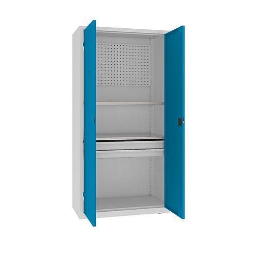 Kovová dílenská skříň s perfopanelem, 199 x 100 x 50 cm, 2 zásuvky, šedá/sv. modrá