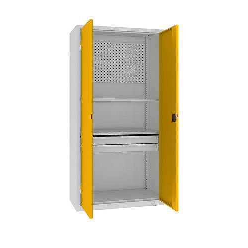 Kovová dílenská skříň s perfopanelem, 199 x 100 x 50 cm, 2 zásuvky, šedá/žlutá