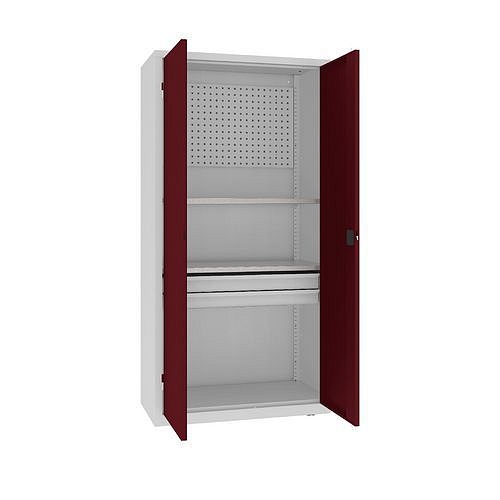 Kovová dílenská skříň s perfopanelem, 199 x 100 x 50 cm, 2 zásuvky, šedá/tm. červená