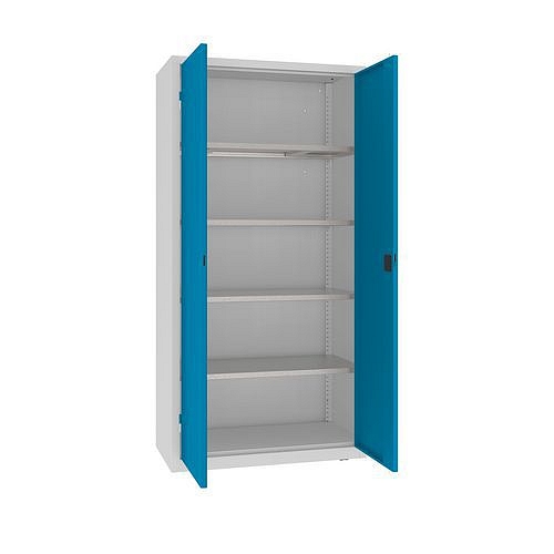 Kovová dílenská skříň, 199 x 100 x 50 cm, 4 police, šedá/sv. modrá