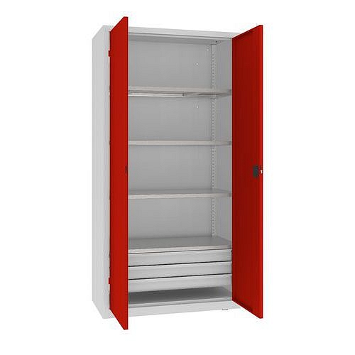 Kovová dílenská skříň, 199 x 100 x 50 cm, 3 zásuvky, šedá/červená