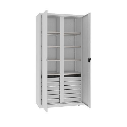 Kovová dílenská skříň na nářadí se zásuvkami, 199 x 100 x 50 cm, 12 zásuvek, šedá/šedá