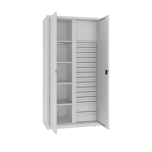 Kovová dílenská skříň na nářadí se zásuvkami, 199 x 100 x 50 cm, 14 zásuvek, šedá/šedá