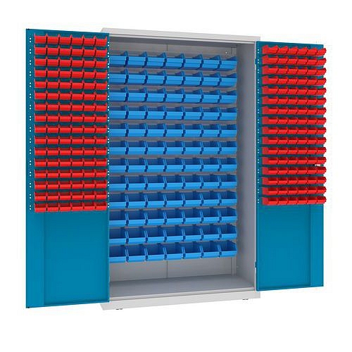 Kovová dílenská skříň s boxy, 199 x 120 x 50 cm, šedá/sv. modrá