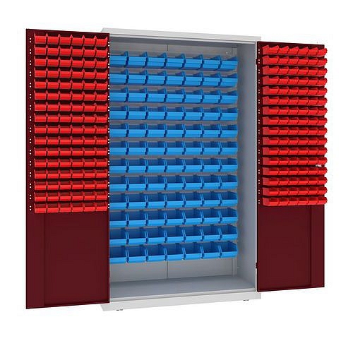 Kovová dílenská skříň s boxy, 199 x 120 x 50 cm, šedá/tm. červená