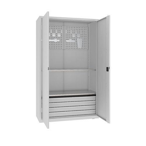 Kovová dílenská skříň s perfopanelem, 199 x 120 x 50 cm, 4 zásuvky, šedá/šedá