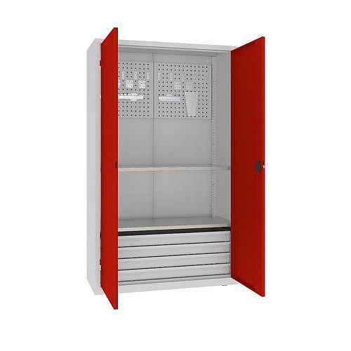 Kovová dílenská skříň s perfopanelem, 199 x 120 x 50 cm, 4 zásuvky, šedá/červená