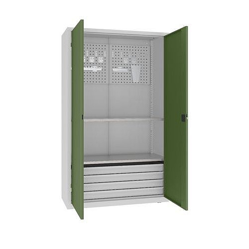 Kovová dílenská skříň s perfopanelem, 199 x 120 x 50 cm, 4 zásuvky, šedá/zelená