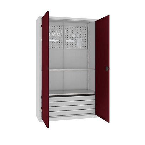 Kovová dílenská skříň s perfopanelem, 199 x 120 x 50 cm, 4 zásuvky, šedá/tm. červená