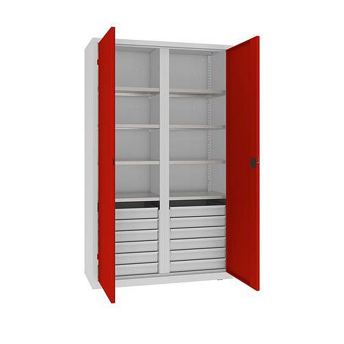 Kovová dílenská skříň na nářadí se zásuvkami, 199 x 120 x 50 cm, 12 zásuvek, šedá/červená