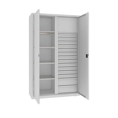 Kovová dílenská skříň na nářadí se zásuvkami, 199 x 120 x 50 cm, 14 zásuvek, šedá/šedá