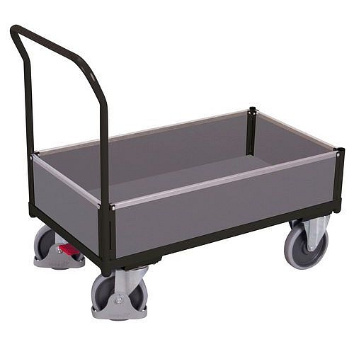 Plošinový vozík s madlem a nízkými plnými bočnicemi, do 400 kg, 97,5 x 97,5 x 50 cm, šedý