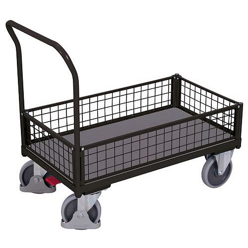 Plošinový vozík s madlem a nízkými mřížovými bočnicemi, do 500 kg, 101,5 x 112,5 x 60 cm, šedý