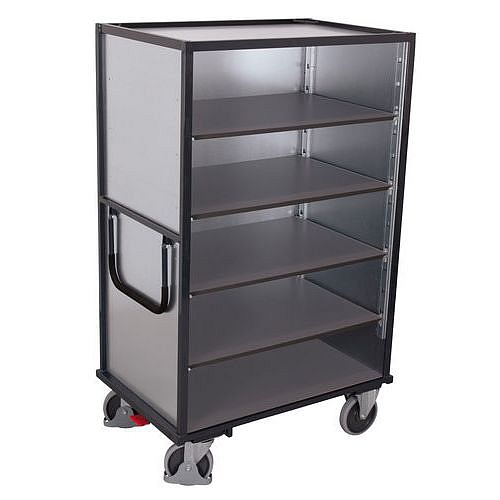Vysoký skříňový vozík s madlem a 3 plnými stěnami, do 500 kg, 5 polic, 181 x 111,5 x 73 cm, šedý