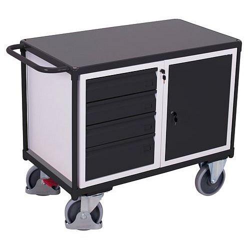 Dílenský vozík se skříňkou a 4 zásuvkami, 93 x 119 x 60 cm, šedý