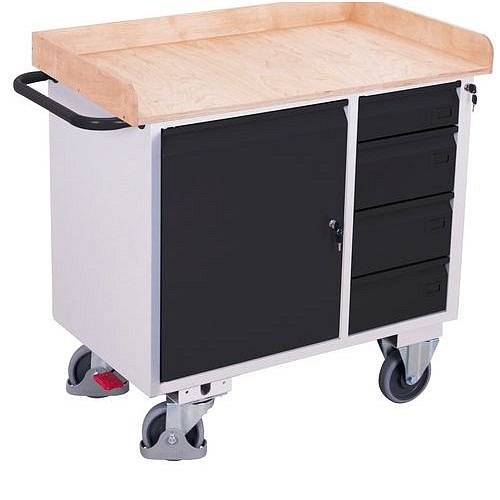 Dílenský vozík se skříňkou a 4 zásuvkami, vyvýšené hrany, 112,5, x 61 x 104 cm, šedý