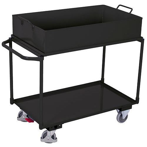 Policový vozík s vanou, 2 kovové police s vyvýšenou hranou, do 250 kg, 117 x 61 x 84,5 cm, šedý