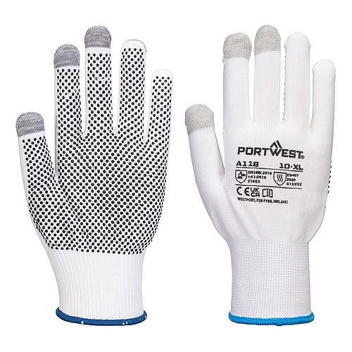 Rukavice Grip 13 PVC s tečkami pro dotykové displeje (Pk12), bílá/šedá, vel.L