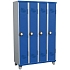 Svařovaná šatní skříň Acial, 4 oddíly, 300 mm, na nohách, kódový zámek, šedá/modrá