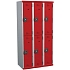 Svařovaná šatní skříň Acial, 3 sloupce, 6 boxů, 300 mm, cylindrický zámek, šedá/červená