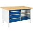 Dílenský stůl Bott Cubio Storage, 84 x 150 x 75 cm, 3 zásuvky, otevřený prostor s policí, multiplex, šedá-modrá