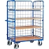 Vysoký policový vozík s madlem a mřížovými bočnicemi, do 500 kg, 4 police, 182 x 139 x 82,5 cm, modrý