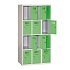 Svařovaná šatní skříň Eric odlehčená, 12 boxů, cylindrický zámek, šedá/zelená